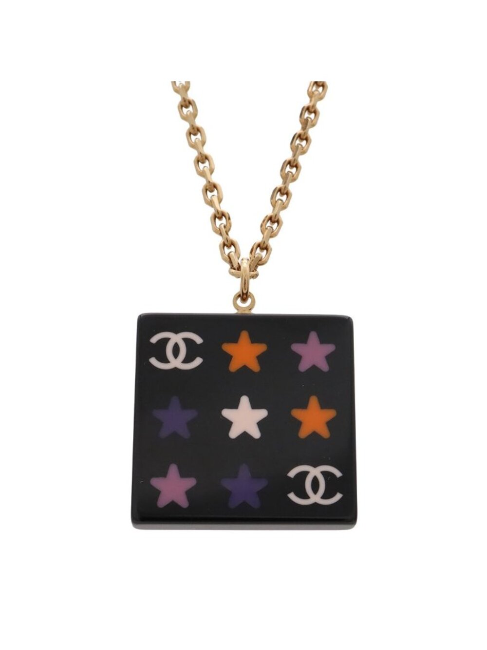 Chanel Square CC Logo Star Pendant Plastic Black Multicolor Gold 03A